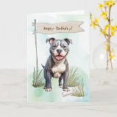 American Pit Bull Terrier Dog Under Birthday Sign カード (黄色い花)