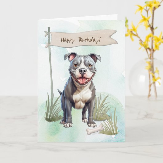 American Pit Bull Terrier Dog Under Birthday Sign カード (黄色い花)