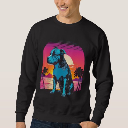 American Pit Bull Terrier Retro 80s Style Sunset スウェットシャツ (正面)