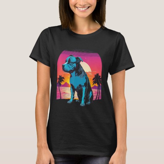 American Pit Bull Terrier Retro 80s Style Sunset Tシャツ (正面)