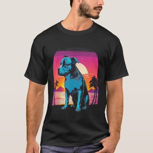 American Pit Bull Terrier Retro 80s Style Sunset Tシャツ (正面)