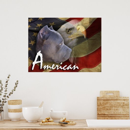 American Pitbull Terrier Dog, Flag, Bald Eagle ポスター (キッチン)