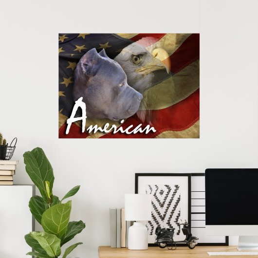 American Pitbull Terrier Dog, Flag, Bald Eagle ポスター (ホームオフィス)