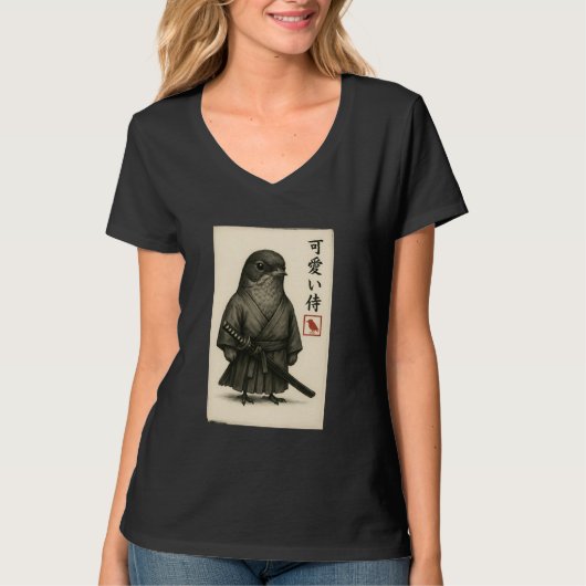 American Robin Samurai Ink Art Sumi-e Style Novelt Tシャツ (正面)