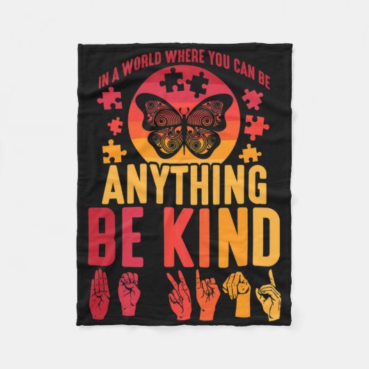 American Sign Language Puzzle Deaf Butterfly  フリースブランケット (正面)