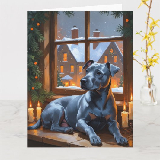 American Staffordshire Christmas Lights Holiday カード (黄色い花)