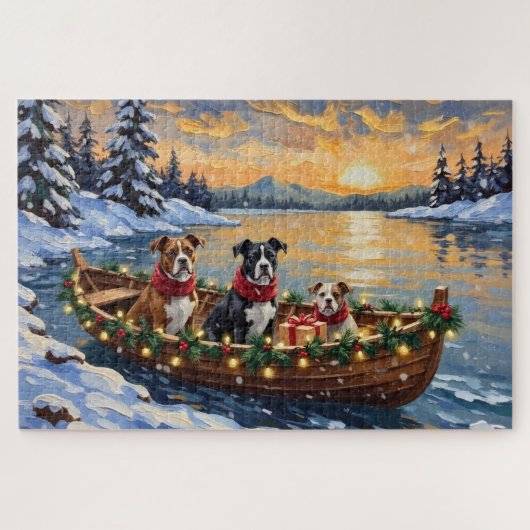 American Staffordshire Terrier Christmas Boat ジグソーパズル (横)