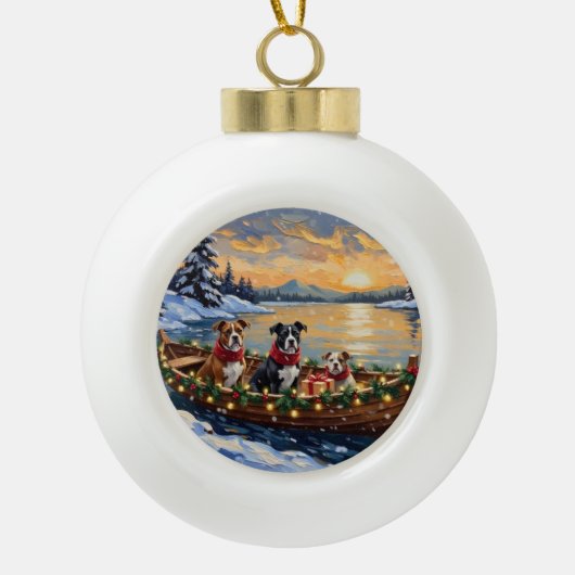 American Staffordshire Terrier Christmas Boat セラミックボールオーナメント (正面)