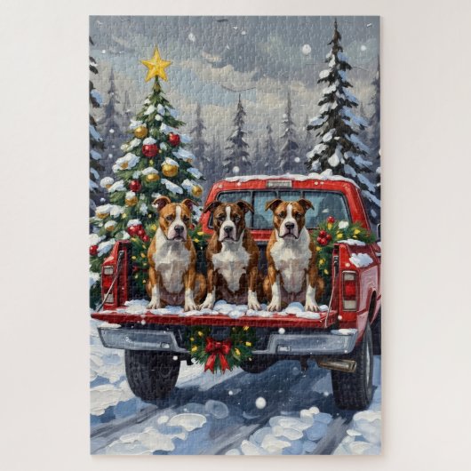 American Staffordshire Terrier Christmas Red Truck ジグソーパズル (縦)