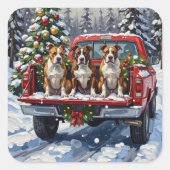 American Staffordshire Terrier Christmas Red Truck スクエアシール (正面)