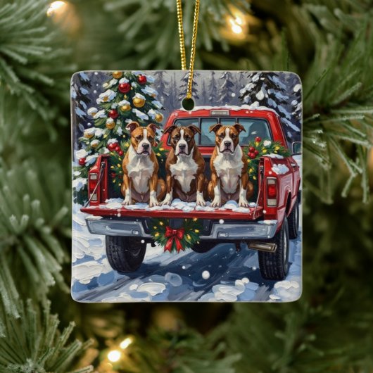 American Staffordshire Terrier Christmas Red Truck セラミックオーナメント (ツリー)