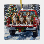 American Staffordshire Terrier Christmas Red Truck セラミックオーナメント (正面)