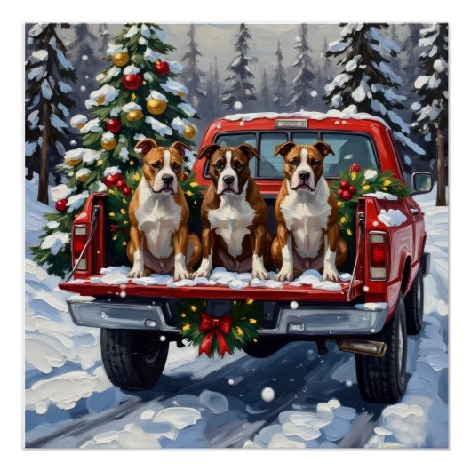 American Staffordshire Terrier Christmas Red Truck ポスター (正面)