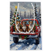 American Staffordshire Terrier Christmas Red Truck ミディアムペーパーバッグ (正面)