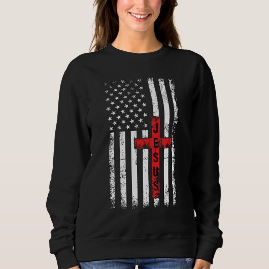 American USA Flag Christian Cross Jesus 4th Of Jul スウェットシャツ (正面)
