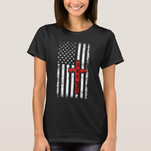 American USA Flag Christian Cross Jesus 4th Of Jul Tシャツ (正面)