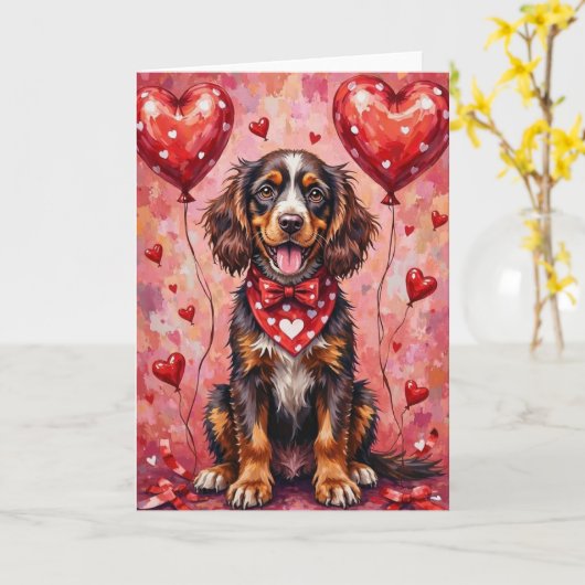 American Water Spaniel Valentine Dog with Hearts カード (黄色い花)