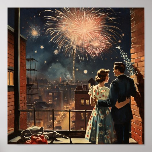 Americana Couple Watching Fireworks on New Year's ポスター (正面)