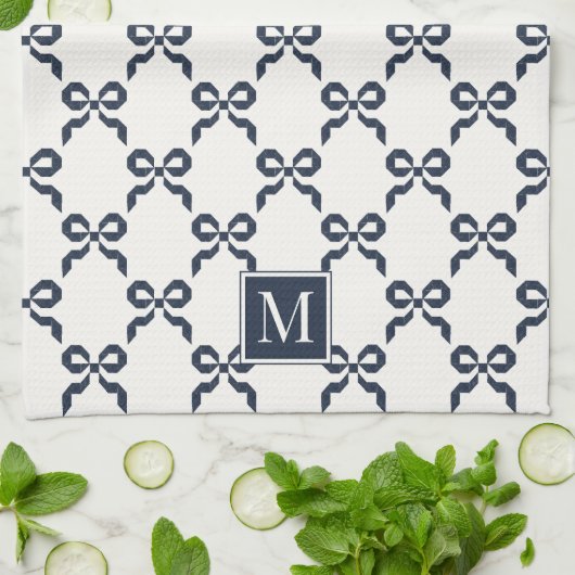 Americana Folk Art Navy Bow Quilt Pattern キッチンタオル (折り畳み)