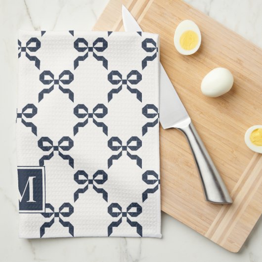 Americana Folk Art Navy Bow Quilt Pattern キッチンタオル (四つ折り)