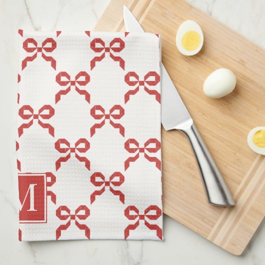 Americana Folk Art Red Bow Quilt Pattern キッチンタオル (四つ折り)