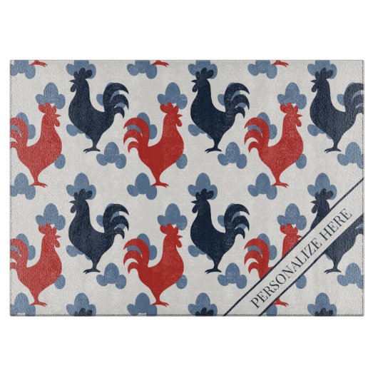 Americana Folk Art Roosters – Rustic Farm Pattern カッティングボード (正面)