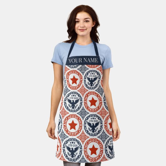 Americana Heritage Eagle Medallion -Navy Red Cream エプロン (着用した状態)