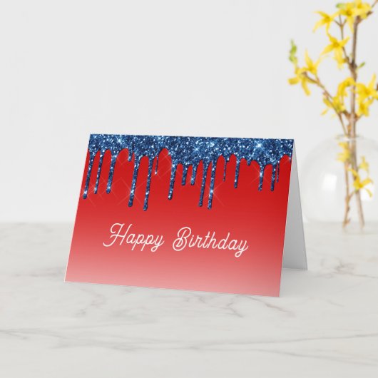 Americana Red Blue Glitter Drip Birthday カード (黄色い花)
