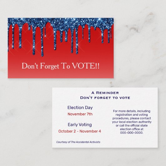 Americana Red Blue Glitter Drip Vote Reminder 名刺 (正面/裏面)