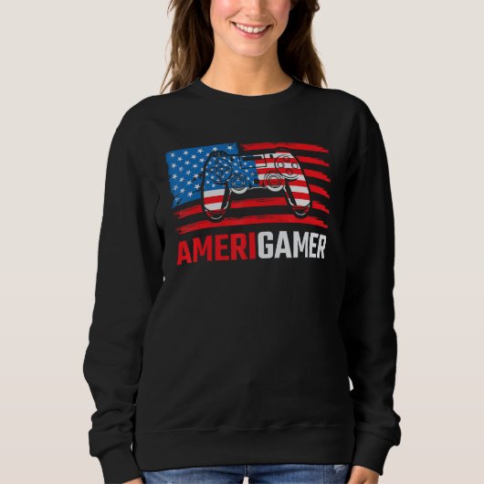 Amerigamer Distressed American Flag Gamer July 4th スウェットシャツ (正面)