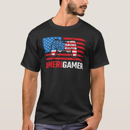 Amerigamer Distressed American Flag Gamer July 4th Tシャツ (正面)