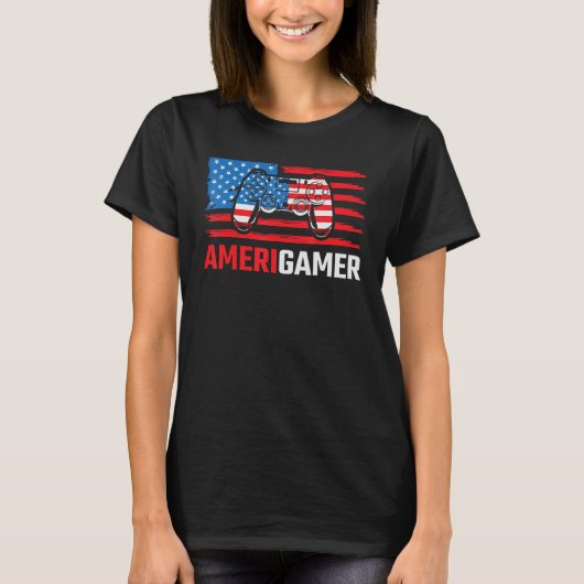 Amerigamer Distressed American Flag Gamer July 4th Tシャツ (正面)