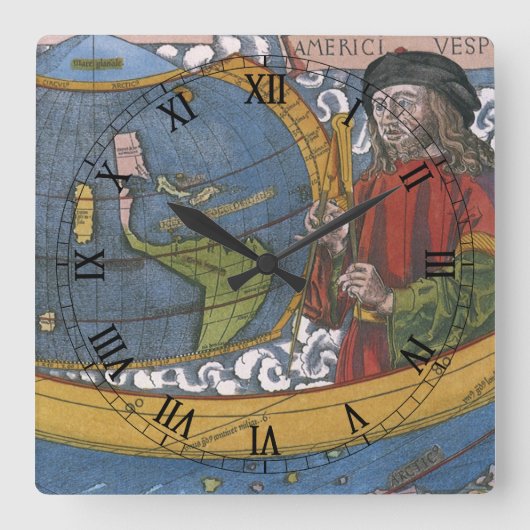 Amerigo Vespucci Explorerアメリカの地図 スクエア壁時計 (正面)