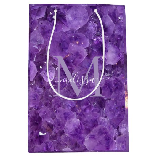 Amethyst Birthstone Monogram Personalized Name ミディアムペーパーバッグ (正面)
