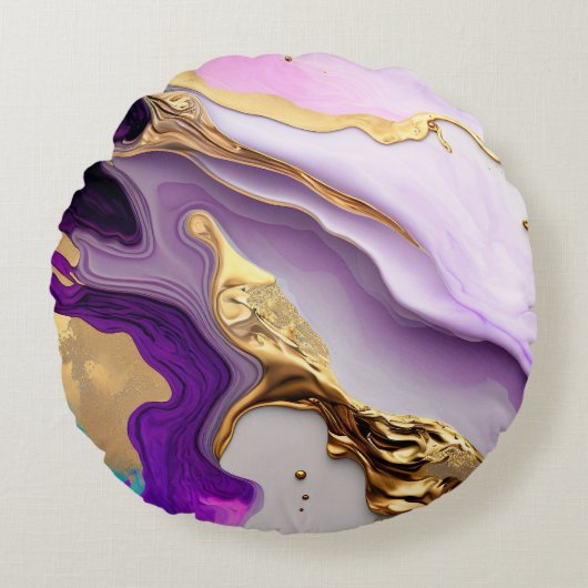 Amethyst & Blush Marble with Liquid Gold ラウンドクッション (正面)