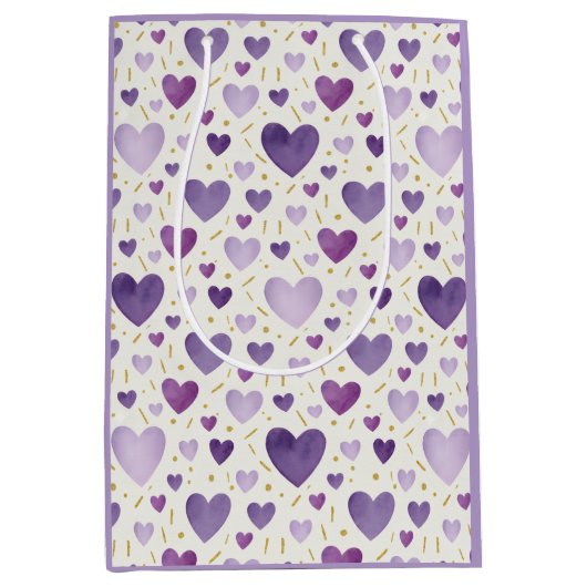 Amethyst Dreams: Watercolor Heart & Gold Sparkle ミディアムペーパーバッグ (正面)