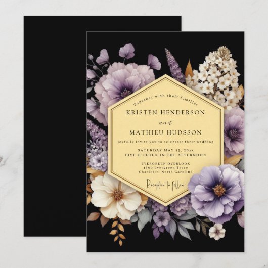 Amethyst Gilded Flora Wedding 招待状 (正面/裏面)