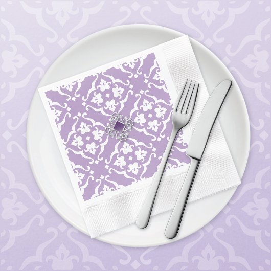 Amethyst Lily Damask Wedding Paper Napkin 縁ありカクテルナプキン