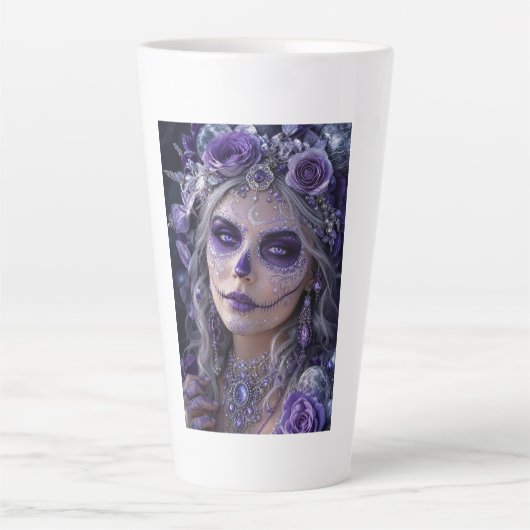 Amethyst Moon Calavera – Purple Day of the Dead カフェラテマグ (正面)