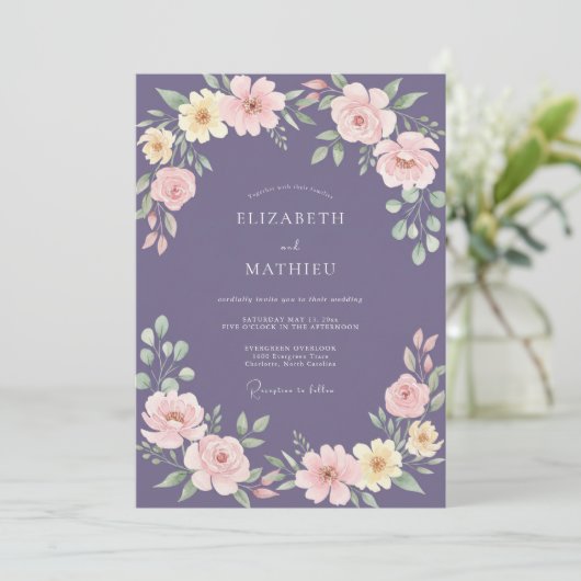 Amethyst Painterly Floral Romance Wedding 招待状 (スタンド正面)