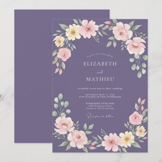 Amethyst Painterly Floral Romance Wedding 招待状 (正面/裏面)
