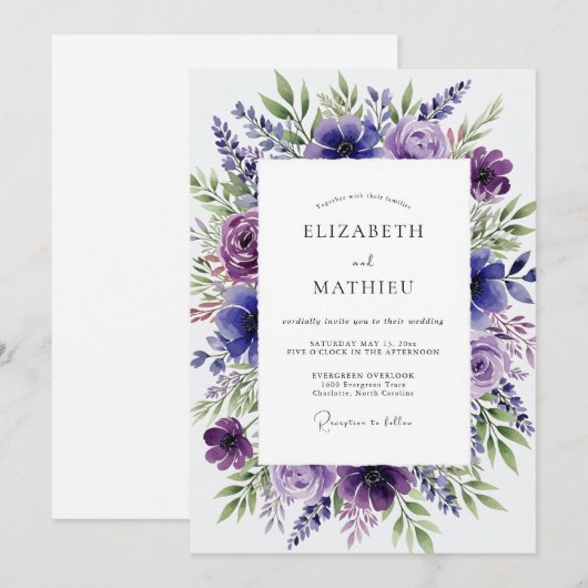 Amethyst Purple Botanical Spring Wedding 招待状 (正面/裏面)