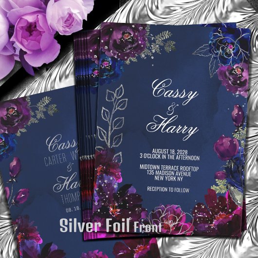 Amethyst Sapphire Navy Jewel Tones Wedding 箔招待状