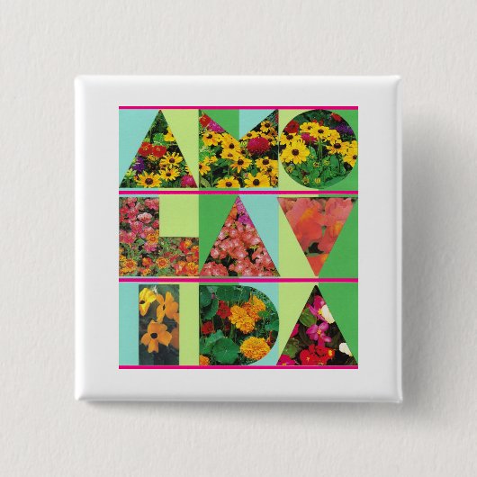 AMO LA VIDAブルーグリーンフローラホワイトリム 缶バッジ (正面)