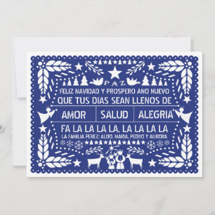 Amorのsalud、alegríaのpapelのpicadoの青のクリスマス シーズンカード