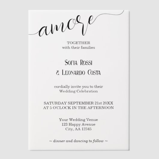 Amoreスクリプエレガントトイタリアン結婚の ベラム紙招待状 (正面)