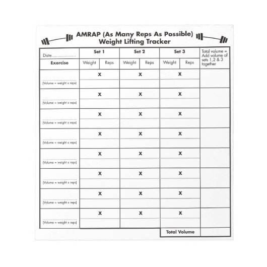 AMRAP重量挙げボリュームトラッカー。 ノートパッド (正面)