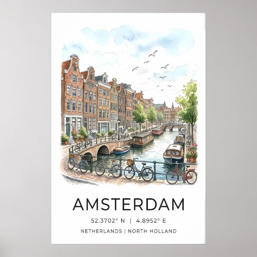 Amsterdam Canal Art Print Watercolor Houses and ポスター (正面)