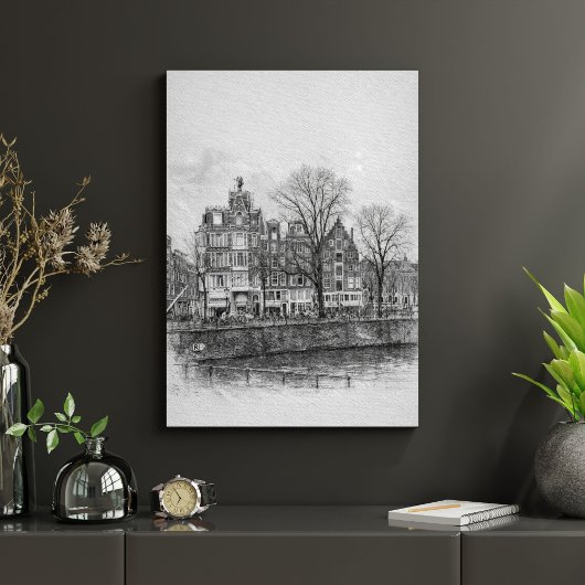 Amsterdam Canal Cityscape – Hand-Drawn Sketch ポスター