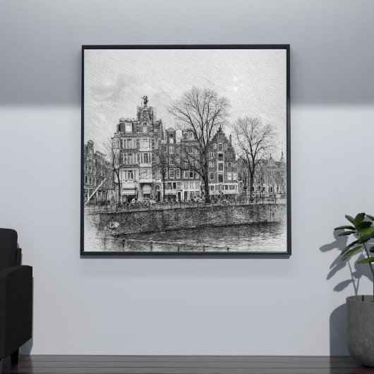 Amsterdam Canal Cityscape – Hand-Drawn Sketch ポスター